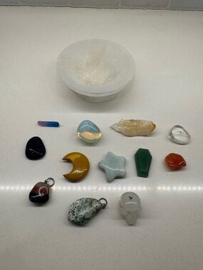 Selenite bowl with misc crystals